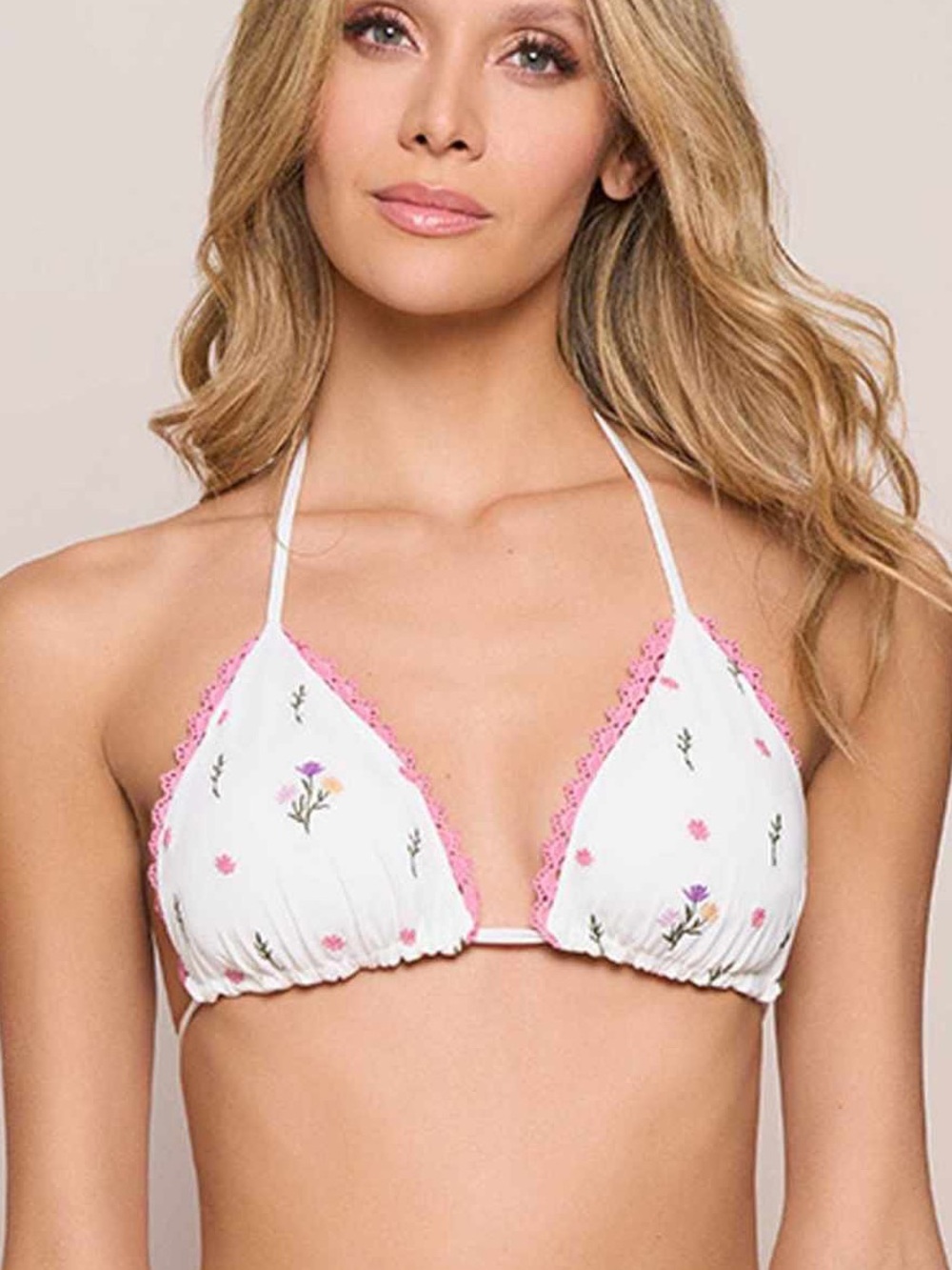 NWT- COSITA LINDA BEACHWEAR White Floral Triangle Bikini Top with Pink Trim